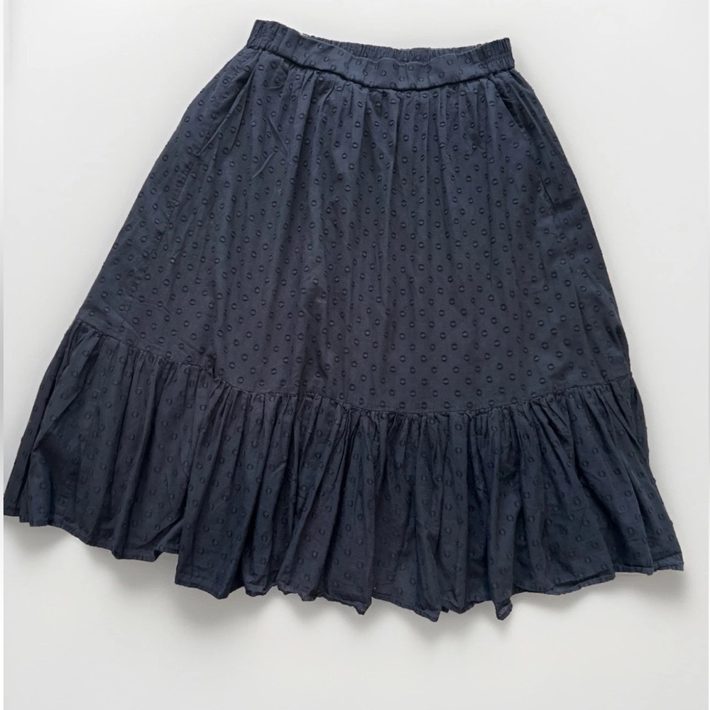 J Crew Black Swiss Dot Ruffle Trim Cotton Midi Skirt Womens Sz 8 Pockets